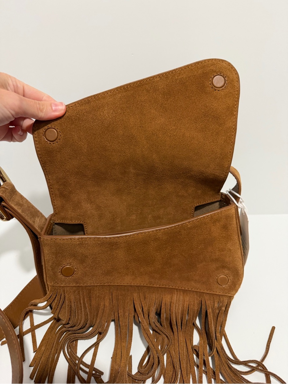 NEW Madewell The Sculptural Buckle Crossbody Bag NU148 Aged Cognac Suede Fringe - Picture 11 of 12